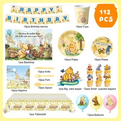 112 Pcs Winnie The Pooh Party Decoration Winnie Party Tableware Balloons Plates