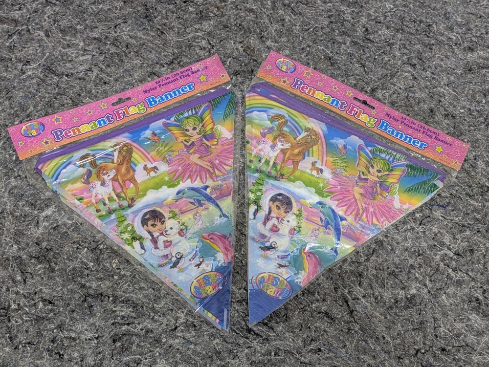 Lisa Frank *TWO PACK* Pennant Flag Banner Horse Fairy Seal Dolphin Purpl Top NEW
