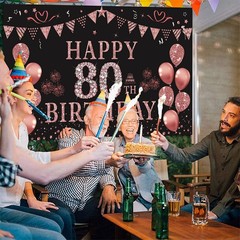 80th Birthday Backdrop Banner Rose Gold 5.9×3.6ft Party Photography Women