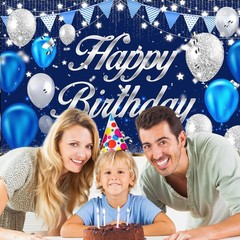 Happy Birthday Banner – Birthday Decorations for Men Women Boys Girls Blue Slive