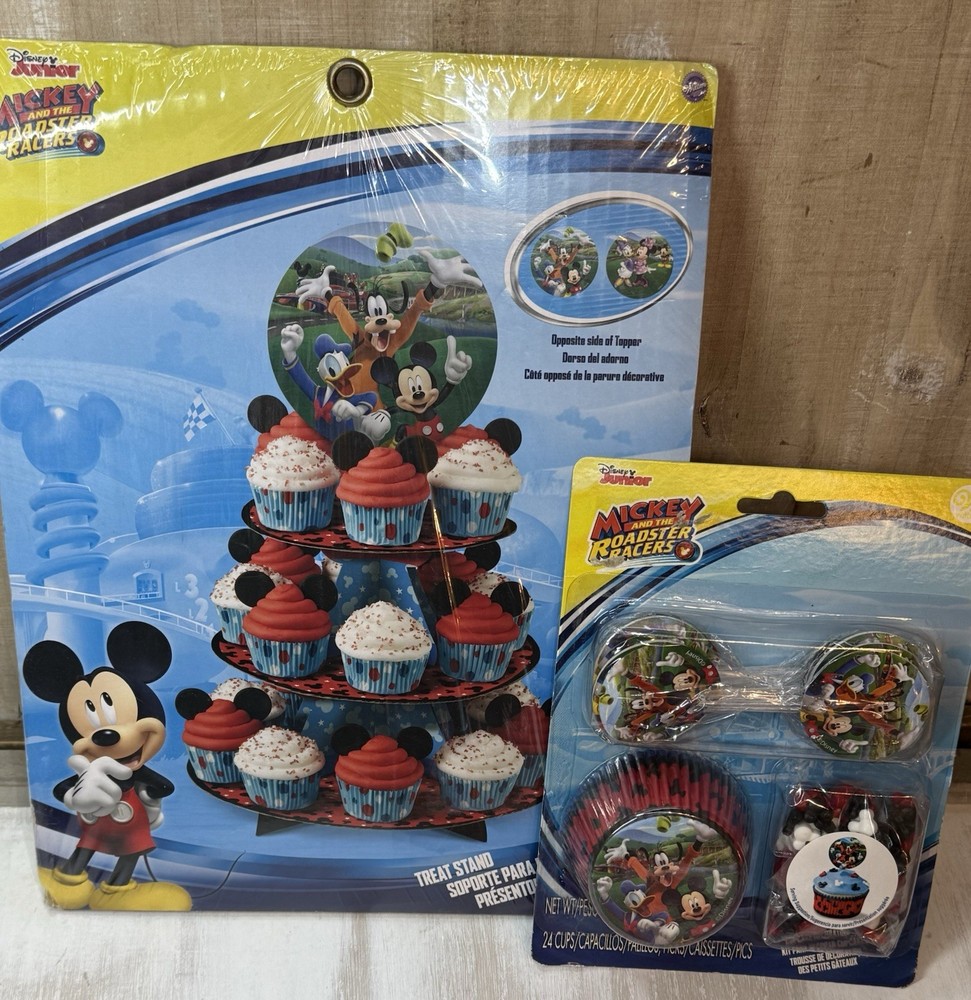 Mickey Mouse Roadster Cupcake Stand, 24 Holders, 24 Picks Birthday Party READ