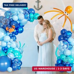 Under the Sea Balloon Arch Kit 130Pcs Dark Blue Metallic Blue Orange Long Balloo