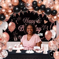 Rose Gold and Black Birthday Decorations – 1 Backdrop, 1 Tablecloth, 84