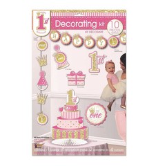 Pink 1st Birthday Room Decorating Kit 10 Pieces – Banner, Decorations, Centerpcs