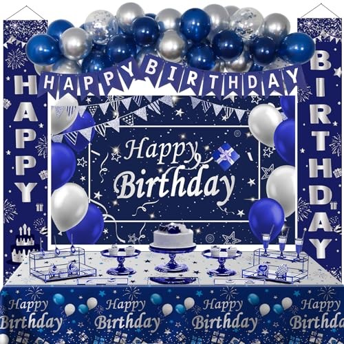 Blue Birthday Decorations, 37 PCS Blue and Silver Party Navy Blue & Silver