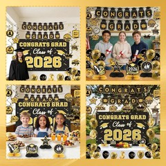 2026 Graduation Decorations Black Gold Banner Backdrop Balloons Party Set Kit