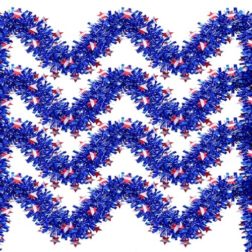 4th of July Tinsel Garland 4 Pack – 26.4 ft Red White Blue Patriotic Star