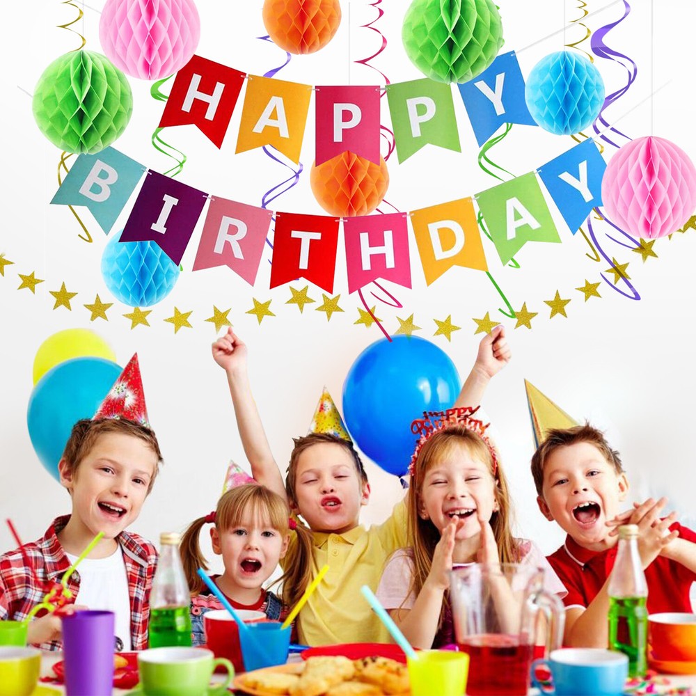 Multicolor Happy Birthday Decorations Set Supplies for Party Rainbow Banner Kit