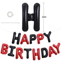 Happy Birthday Balloons Banner with ribbon straw, 16 Inch Mylar Black Red