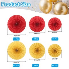 12Pcs 8″/12″/16″ Paper Fans Hanging Decoration Round Fans with Pearl Red/Gold