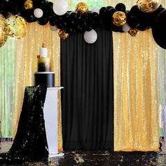 4-Panels Backdrop Curtains Set – Black Gold Sequin Chiffon