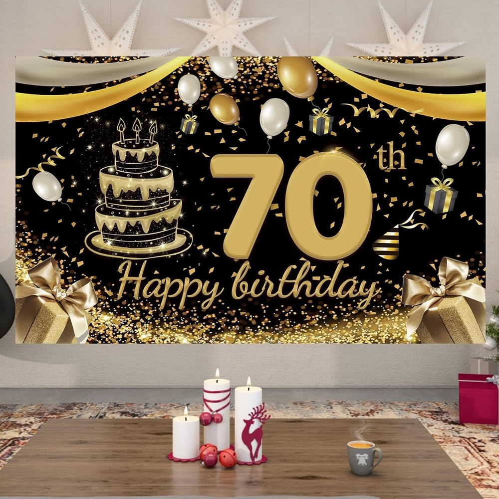 110x180cm Large Size Happy Birthday Banner 70th Black Gold Birthday Decoration