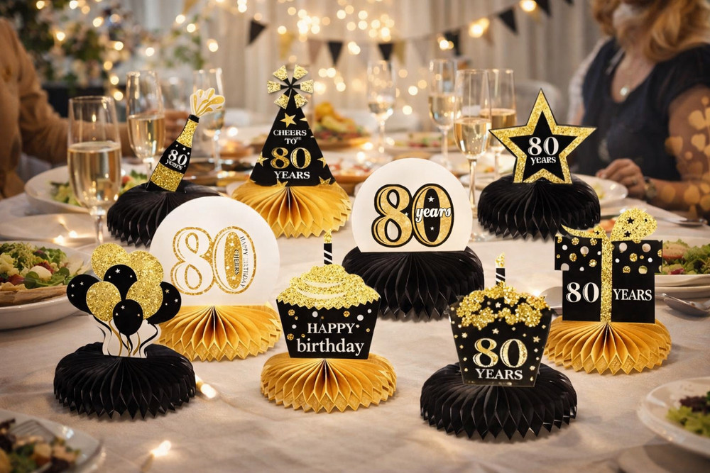 8 Pieces Happy Birthday Decorations Set, 80Th Birthday Party Supplies Honeycomb