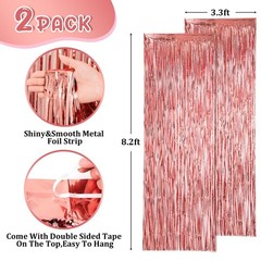 2 Pack Rose Gold Foil Fringe Backdrop Curtains Tinsel Streamers for Party