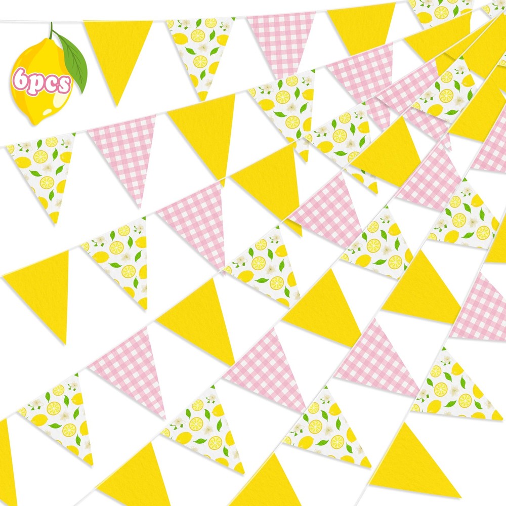 6PCS Lemon Party Decorations Pennant Banners Pink and Yellow Triangle Flags G…