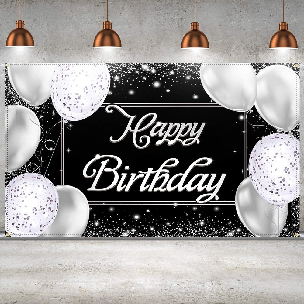 Sumind Black Silver Happy Birthday Banner Backdrop Party Decoration for Men Wome