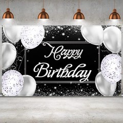 Sumind Black Silver Happy Birthday Banner Backdrop Party Decoration for Men Wome