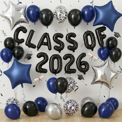 2026 Graduation Balloons Set, Black and Blue Silver Graduation Party Decorations
