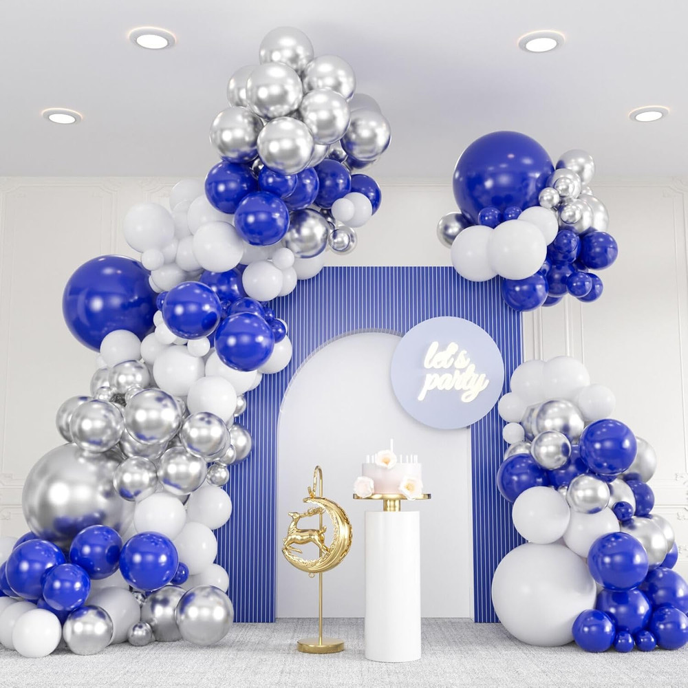 136Pcs Blue White Silver Balloon Garland Kit – 18/12/10/5 Inch Royal Blue, Silve