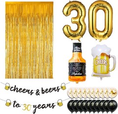 Memorable 30th Birthday Party Pack: Gold Balloons, Banner & Fringe Curtain