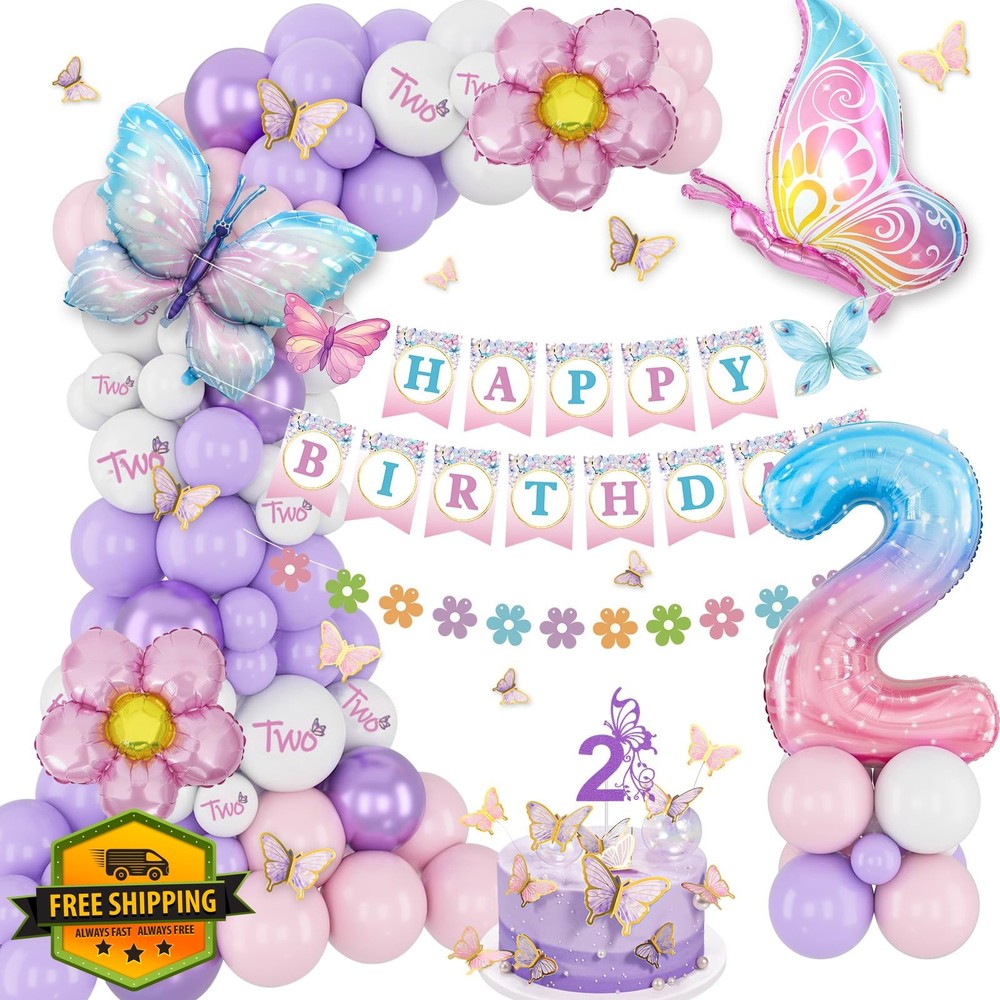 KISPATTI 2nd Birthday Girl Butterfly Decor Pink Purple