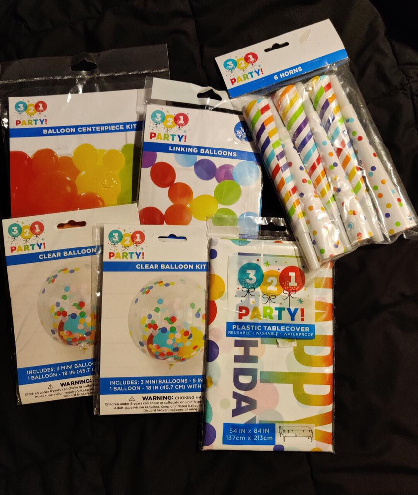 321 Party! Birthday Balloons Horns Tablecover Set lot of 6 NEW