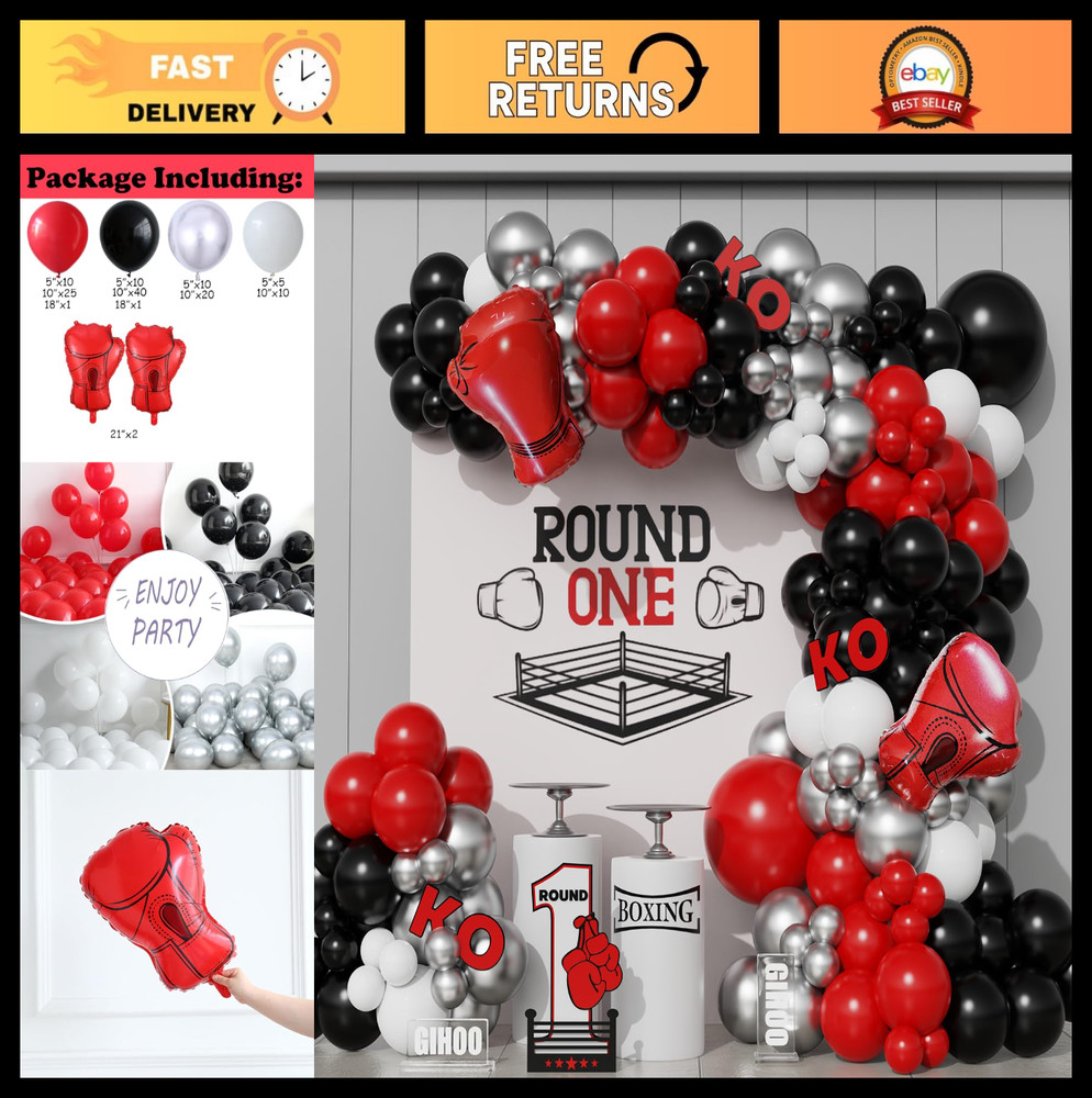 Boxing Birthday Party Decorations – 134pcs Balloon Garland & Inflatable Gloves