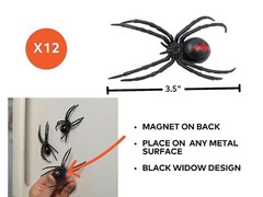 Magnetic Black Widow Spiders 12 Pc – 3 1/2 In Halloween Decor Prop Haunted House