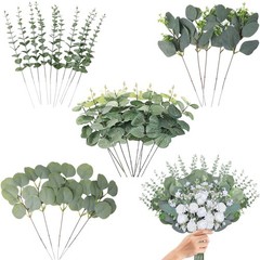 FENYUAN Eucalyptus Stems Bulk 30 Pcs, 4 Kinds Mixed Artificial Silver Green