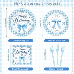 Blue Gingham Plaid Bows Disposable Birthday Tableware (Plates, Napkins, Forks)
