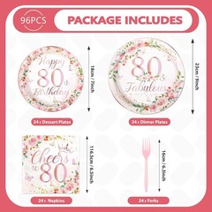 96Pcs 80th Birthday Decorations for Women Floral 80th Birthday Party Plates a…
