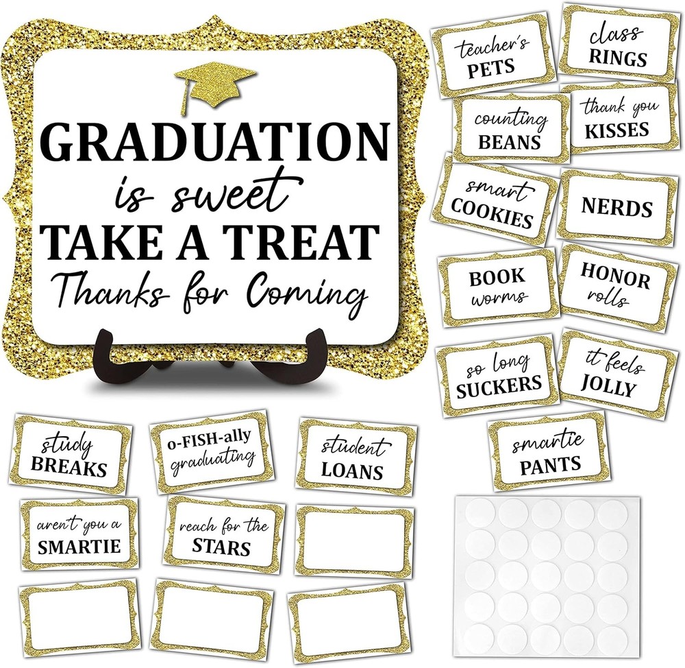 20PCS Graduation Candy Buffet Labels, 1 Gold Glitter Candy Buffet Table Sign wit