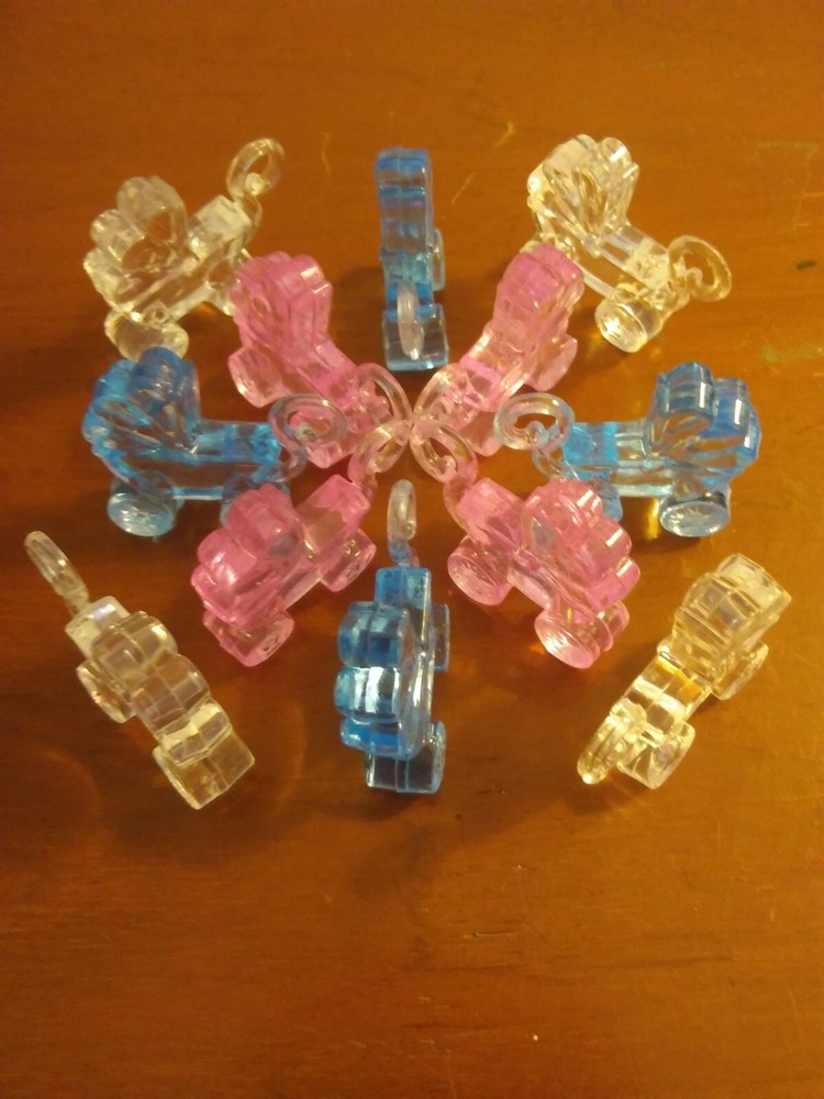 Flat Strollers Deco Charms Set of 12 (4) of each: Pink Blue & Clear-All See Thru