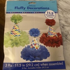 Birthday Cone Hat Deluxe Fluffy Decorations ~ 3 pack ~ 11.5″ Red Blue Green NEW