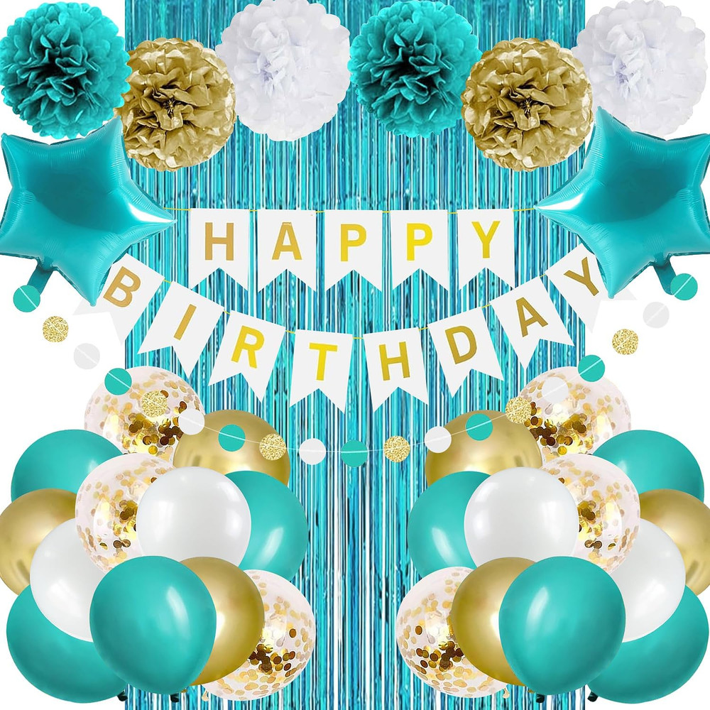 Teal Turquoise Blue and Gold Birthday Party Decorations for Women Girls