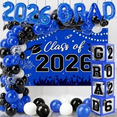 2026 Graduation Party Decorations Blue Black Balloon Boxes Arch Kit Backdrop