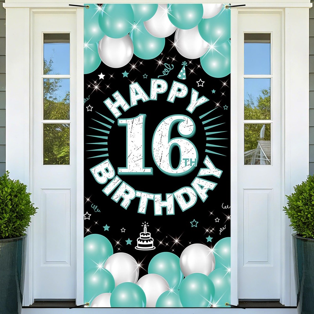 Happy 16th Decorations for Boys & Girls, Turquoise Fabric Banner Backdrop for…