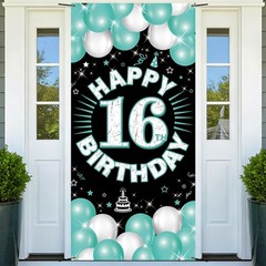 Happy 16th Decorations for Boys & Girls, Turquoise Fabric Banner Backdrop for…