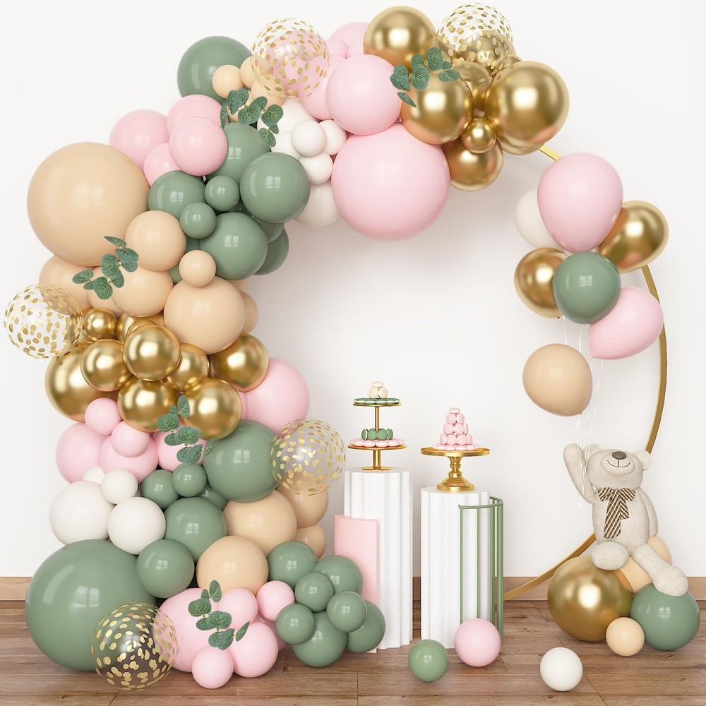 166Pcs Sage Green Blush Peach White Gold Balloon Garland Arch Kit