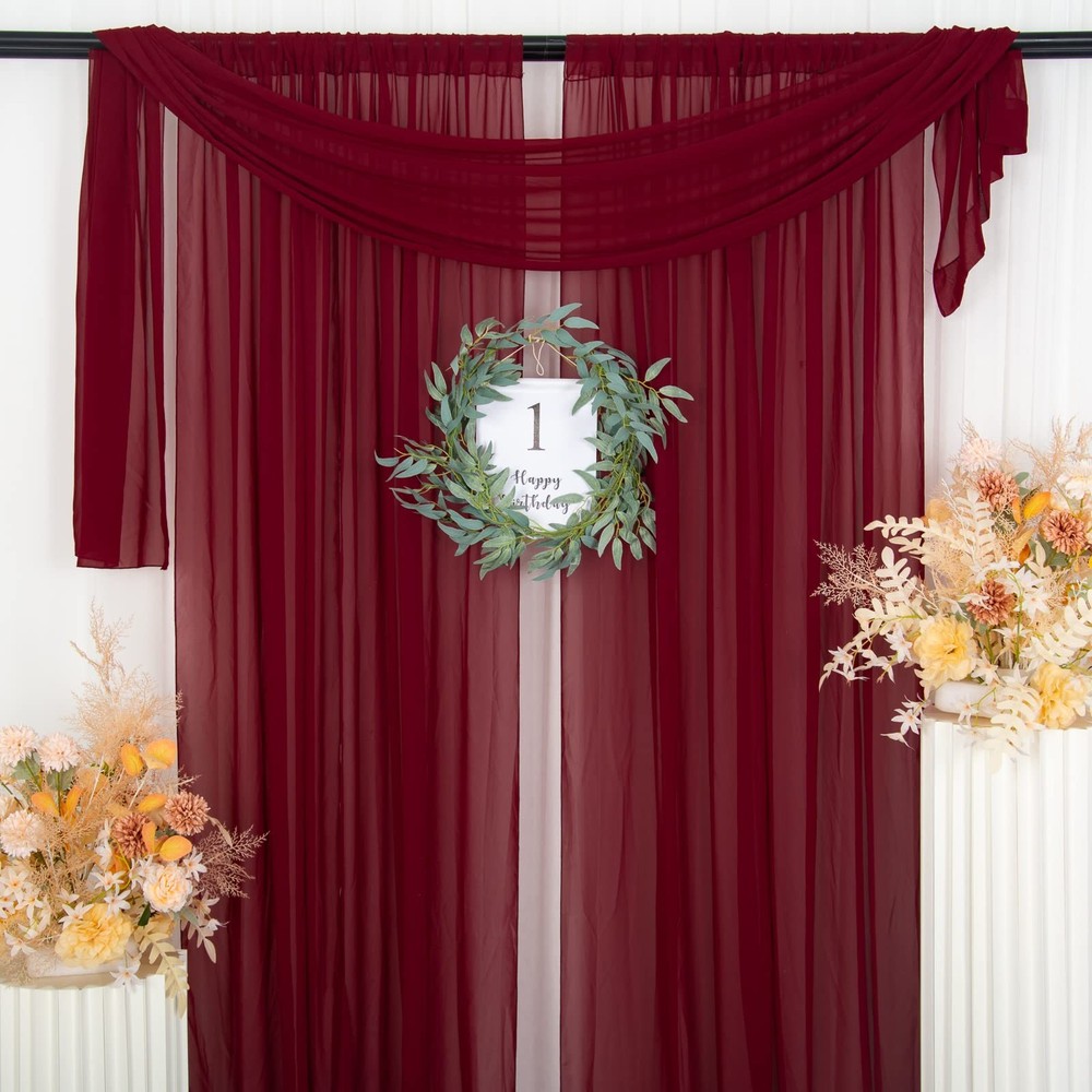 Burgundy Chiffon Curtains 2 Panels 2.4×10 FT Chiffon Backdrop Curtain Drapes …