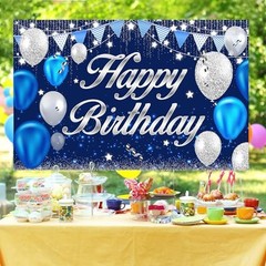 Happy Birthday Banner – Birthday Decorations for Men Women Boys blue silver