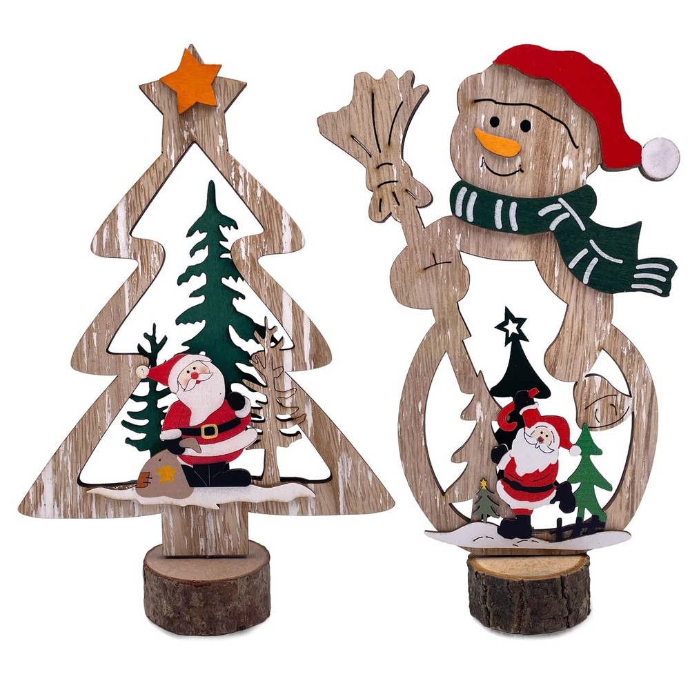 2 Pack Christmas Joy Table Signs Snowman Wooden Centerpiece Winter Holiday