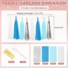 20 Pcs Tassel Garland, White Light Blue Lake Blue Silver Foil Fringe Tassels
