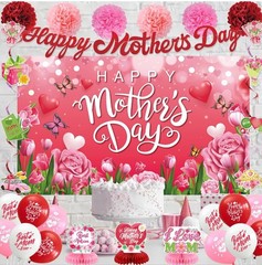 Happy Mother’s Day Decorations Set Pink Party Banner, Hanging Swirls Centerpiece