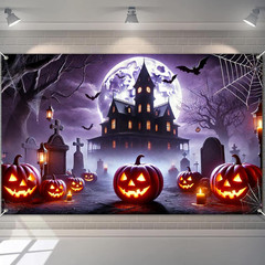 Halloween Banner 71×43 Inch Haunted House Graveyard Backdrop Banner with Pumpkin