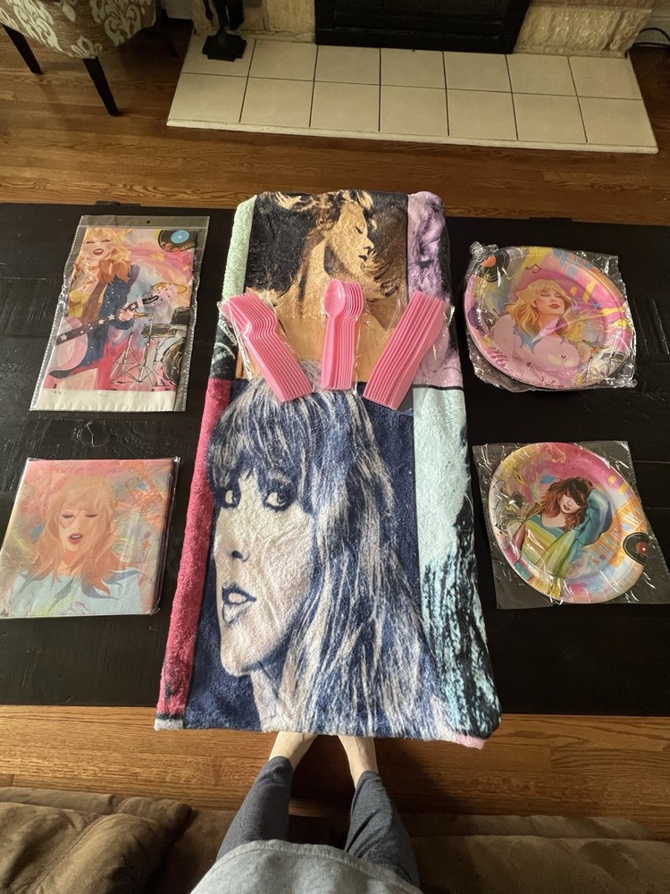 Taylor Swift Happy Birthday Party Supply Lot Plates, Utensils, Cloth, Towel New