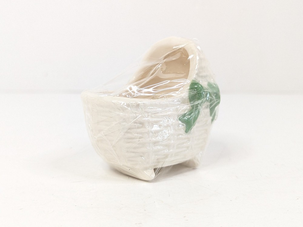 Ceramic Pottery Baby Bassinet Basket Crib White Green Boy Planter 3″x2″x2.5″ New