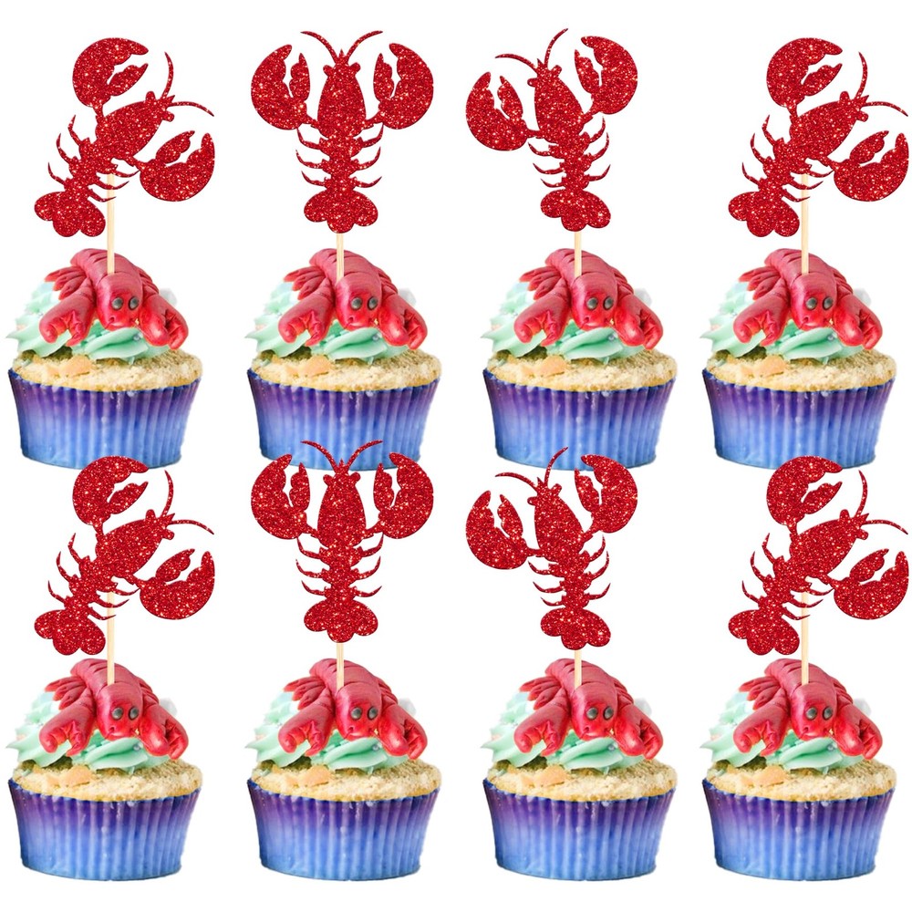 24 Pack Crawfish Cupcake Toppers Red Glitter Lobster Cupcake Food Picks Brida…