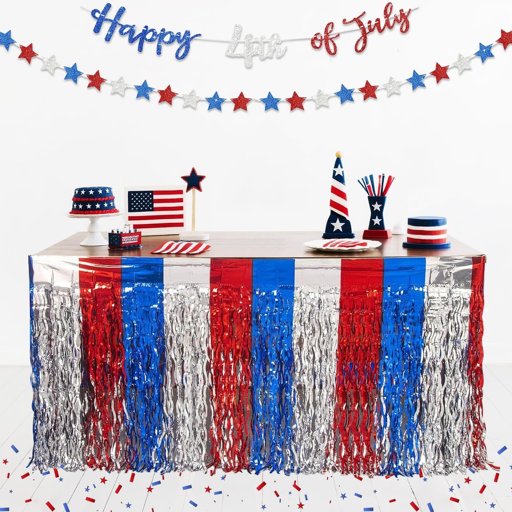 4th of July Table Skirt Decorations, 2 Packs Red White and Blue Wavy Tinsel F…