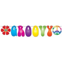 GROOVY STREAMER BANNER PARTY HANGING DECORATION HIPPIE FLOWER PEACE 60s 70s